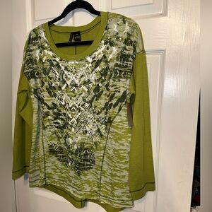 NWT New Directions M Long Sleeve Waffle Knit Top Green Abstract Beaded Womens